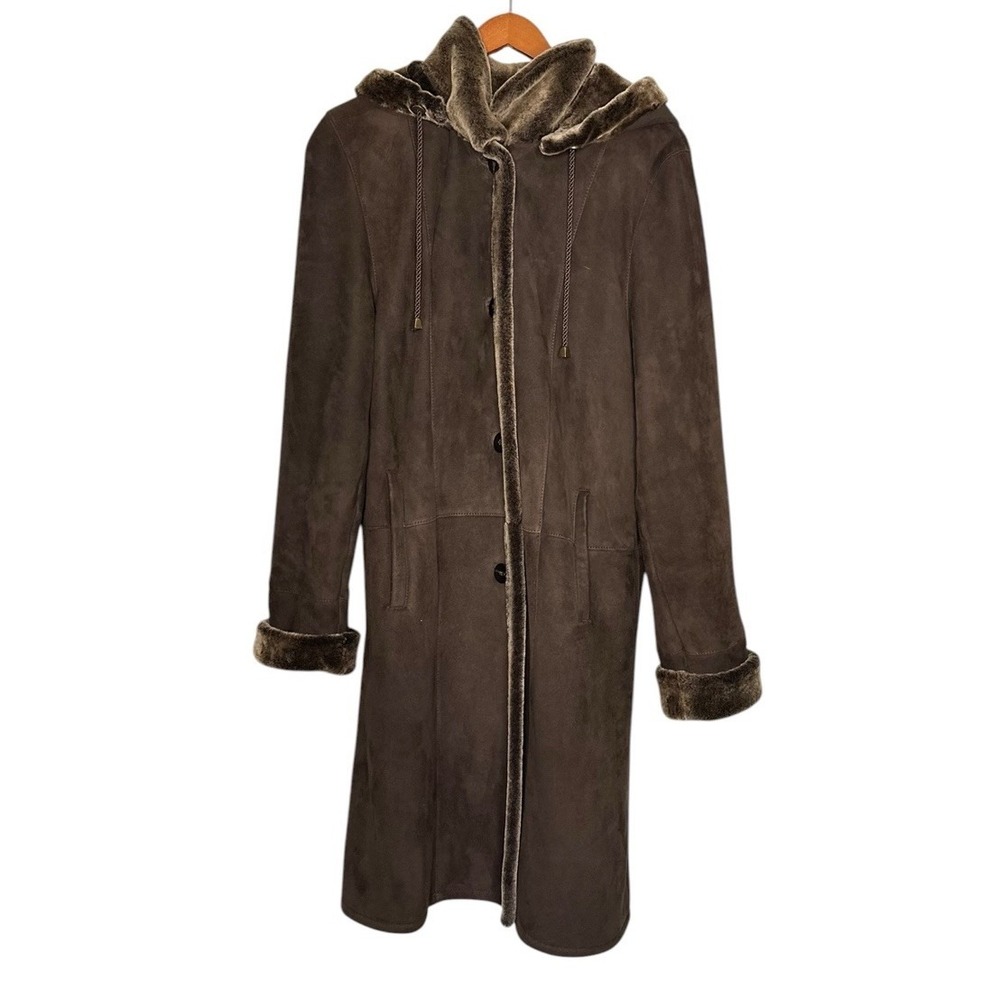 Stephanie Sarte 100% Genuine Shearling Brown Coat Size 12 Removable Hood EUC